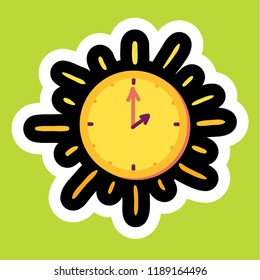 Stylish colorful cartoon sticker with clocks as sun. Time management insignia. Task management icon. Vector