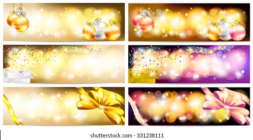 Stylish Colorful and golden abstract magic Christmas night celebration with present box, balls, ribbon, light and sales ornament banner badge background, create by vector 

