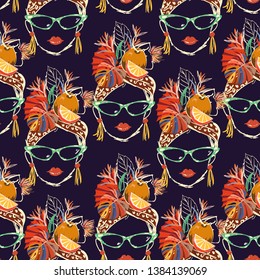 Stylish and colorful Hand drawn Havana tropical women characters with summer mood cartoon seamless pattern on a navy blue background color