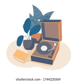 Stylish colorful illustration of a phonograph surrounded by different house plants. Vector illustration isolated.
