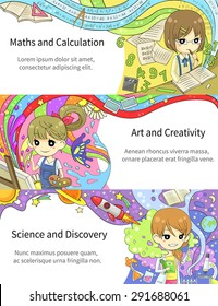 Stylish colorful infographic cartoon girl children studying maths and calculation, art creativity, science and discovery, in artistic fantasy banner background template layout design, create by vector