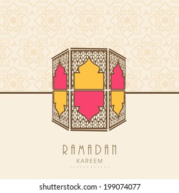 Stylish colorful lanterns on floral design decorated brown background for holy month of Muslim community Ramadan Kareem celebrations. 
