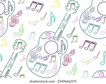 Stylish colorful line art guitar with musical notes seamless pattern. Design  music related projects, posters, and prints, textile design, the combination of the guitar and musical notes. 