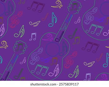 Stylish colorful line art guitar with musical notes seamless pattern. Design  music related projects, posters, and prints, textile design, the combination of the guitar and musical notes. 