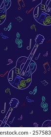 Stylish colorful line art guitar with musical notes seamless pattern. Design  music related projects, posters, and prints, textile design, the combination of the guitar and musical notes. 