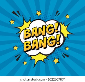 Stylish colorful retro comic speech bubble on halftone blue background. Expression text BANG BANG. Vector illustration, vintage design, pop art style.