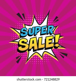 Stylish colorful retro comic speech bubble on halftone purple background. Expression text  Super Sale. Perfect for sales discount banner, poster. Vector illustration, vintage design, pop art style.