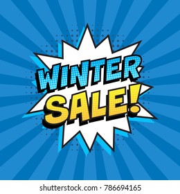 Stylish colorful retro comic speech bubble on halftone blue background. Expression text Winter Sale. Perfect for sales discount banner, poster. Vector illustration, vintage design, pop art style.