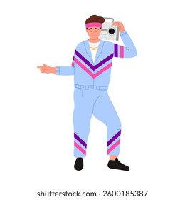 A stylish and colorful retro figure, dressed for a fitness routine, showcasing vibrant colors and holding a camera