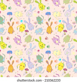 Stylish colorful seamless with cats,rabbits, flowers pattern background. Vector illustration. Eps 10