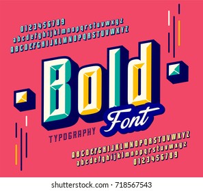 Stylish colorful stylized retro pop art font, oblique alphabet with numbers, upper and lower case letters.