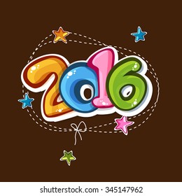 Stylish colorful text 2016 on stars decorated brown background for Happy New Year celebration.