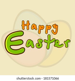 Stilvoller bunter Text Frohe Ostern auf Ostereier verziert braunem Hintergrund, kann als Flyer, Poster oder Banner Design verwendet werden. 