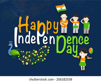 Stylish colorful text Happy Independence Day celebrations with cute little boys, girl and national bird peacock on blue background. 