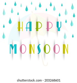 Stylish colorful text Happy Monsoon with blue rain drops on white background. 