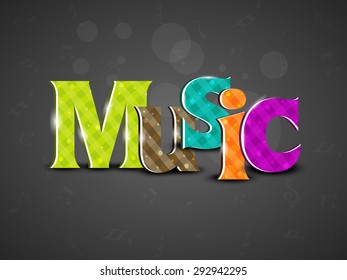 Stylish colorful text of Music on seamless dark grey background.