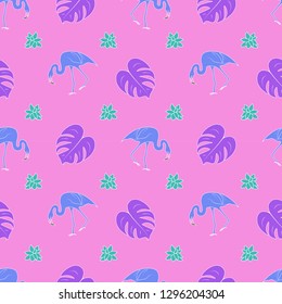 Stylish colorful tropical seamless pattern with blue flamingo, purple fern, and turquoise succulents on pink background