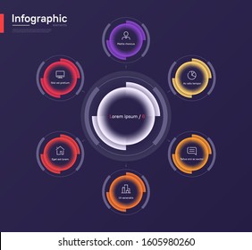 Stylish colorful vector infographic circle chart template on a deep blue background. Six options.