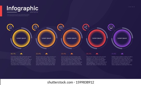 Stylish colorful vector infographic template with circular graphic elements on a deep blue background.
