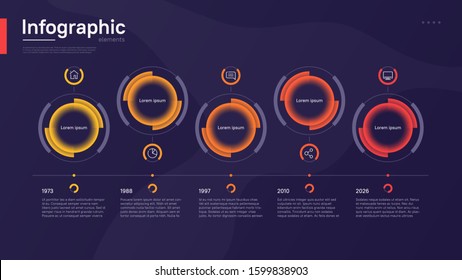 Stylish colorful vector timeline infographic template with circular graphic elements on a deep blue background.