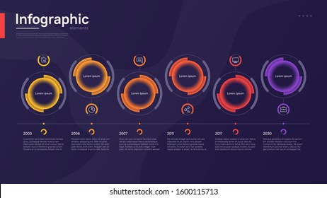 Stylish colorful vector timeline infographic template with circular graphic elements on a deep blue background.