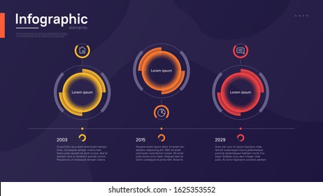 Stylish colorful vector timeline infographic template with circular graphic elements on a deep blue background.