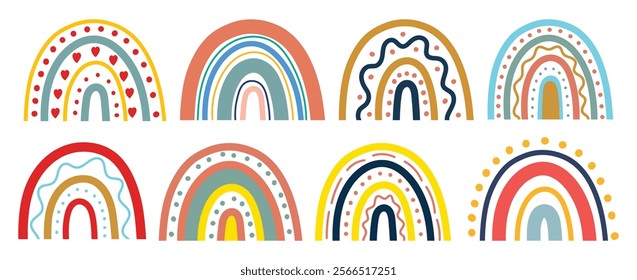 Stylish Colourful rainbows vector illustrations Design Bundles. Cartoon boho rainbow sticker set. Nice neutral bohemian rainbows. Summer trendy rainbows teacher clip art and doodles collection