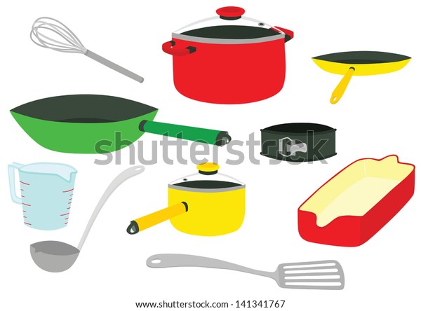 Stylish Colourful Set Essential Kitchen Items Stock Vector