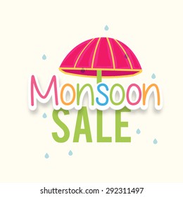 stylish colourful text Monsoon offer with umbrella and rain drops.