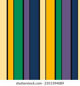 Stylish colourful vector vertical stripes pattern. Simple seamless texture with thick straight lines. Abstract geometric striped background in retro colors, yellow, green, purple, navy blue, black