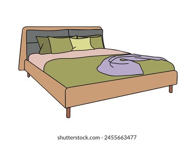 Stylish comfortable bed with green linen, pillows. Elegant Mid century modern furniture, interior element for scandinavian home design. Vector flat illustration on white background. Hand made, not AI