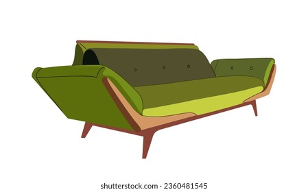 Stylish comfortable green sofa. Furniture element for living room. Retro style couch, mid century modern divan. Interior object for apartment design, interior plan. Vector illustration isolated