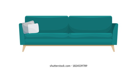 Stilvolles, komfortables grünes Sofa, Vektorgrafik. Moderne Stoffcouch mit Kissen und Armlehnen einzeln auf weißem Hintergrund. Farbige Stoffe eleganter Sofa oder Divan in minimalistischem Stil