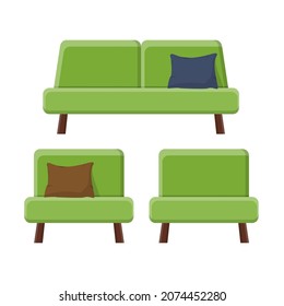 Stylish comfortable modern sofa and armchairs in flat style isolated on white background. Part of the interior of a living room or office. Soft furniture for rest and relaxation. Vector illustration