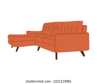 Stylish comfortable orange sofa flat vector illustration. Modern fabric couch with armrests side view isolated on white background. Colorful fabric elegant settee or divan in minimalistic style.