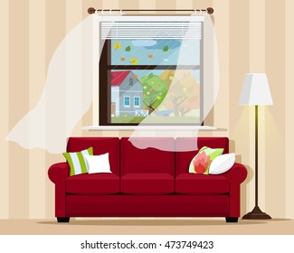 Elegante y confortable interior con sofá, lámpara, ventana y paisaje otoñal. Ilustración vectorial de estilo plano.