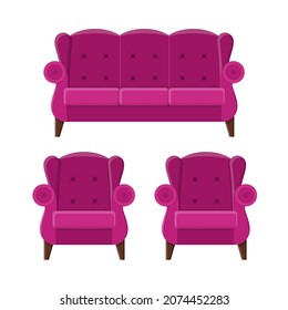 Stylish comfortable sofa and armchairs in flat style isolated on white background. Part of the interior of a living room or office. Soft furniture for rest and relaxation. Vector illustration