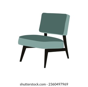 Stylish comfortable teal soft chair. Furniture element for living room. Retro armchair, mid century modern settee. Interior object for apartment design, interior plan. Vector illustration isolated