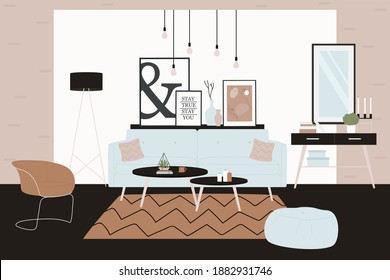 Stylish comfy furniture and home decorations in Scandinavian hygge style vector illustration. Cartoon trendy furnished living room interior home apartment with cozy sofa, comfy furniture background