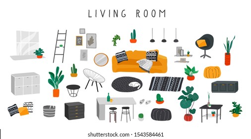 Stylish comfy furniture and modern home decorations bundle in trendy Scandinavian or hygge style. Cozy Interior living rooms or apartments furnished home plants. Flat cartoon vector illustration