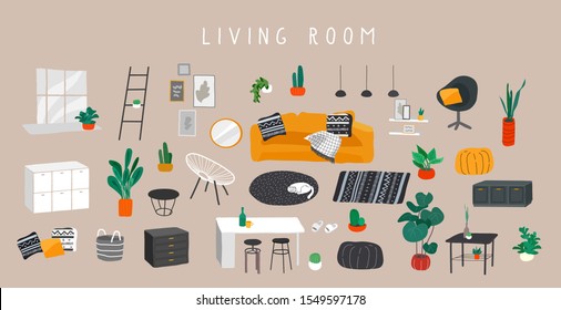 Stylish comfy furniture and modern home decorations bundle in trendy Scandinavian or hygge style. Cozy Interior living rooms or apartments furnished home plants. Flat cartoon vector illustration