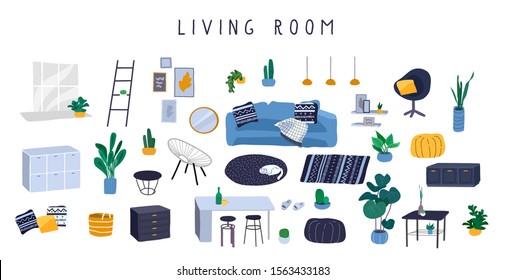 Stylish comfy furniture and modern home decorations bundle in trendy Scandinavian or hygge style. Cozy Interior living rooms or apartments furnished home plants. Flat cartoon vector illustration