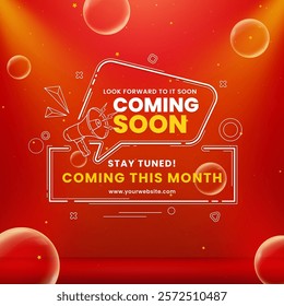 Stylish coming soon design featuring megaphone with spotlight and lighting effects