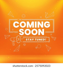 Stylish coming soon design featuring megaphone with spotlight and lighting effects isolated on abstract background