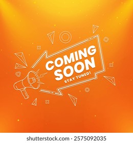 Stylish coming soon design featuring megaphone with spotlight and lighting effects isolated on abstract background