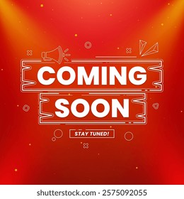 Stylish coming soon design featuring megaphone with spotlight and lighting effects isolated on abstract background