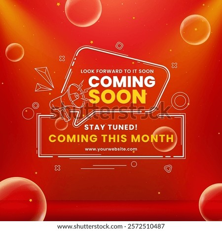 Stylish coming soon design featuring megaphone with spotlight and lighting effects