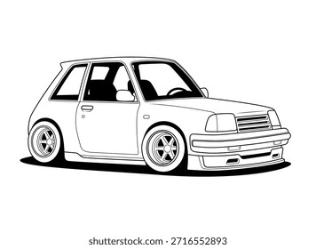 Stylish compact hatchback car illustrated in clean black and white line art, low angle view, ideal for automotive graphics, posters, stickers, prints, and design projects, fully editable vector format
