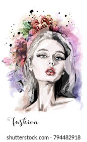 Stylish composition with hand drawn beautiful young woman portrait, flowers and watercolor blots. Fashion illustration. Sketch.