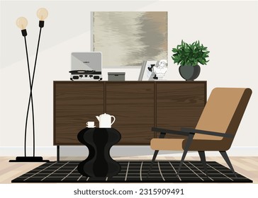 The stylish composition at living room interior with wooden commode, chair and elegant personal accessories.